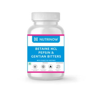 Nutrinow Betaine HCL + Pepsin Gentian Capsules with Digestive Enzymes | Supports Digestion, Gut Health & Protein Absorption | Helps Bloating & Acidity Relief | 60 Veg Capsules